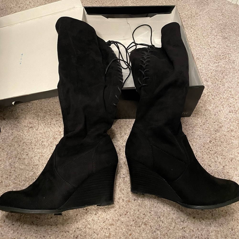 Wide leg black suede wedge boots